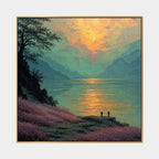 Expressionist landscapes & seascapes & cityscapes oil painting showing a painterly landscape with distant hills, trees or reflective water in a green palette.