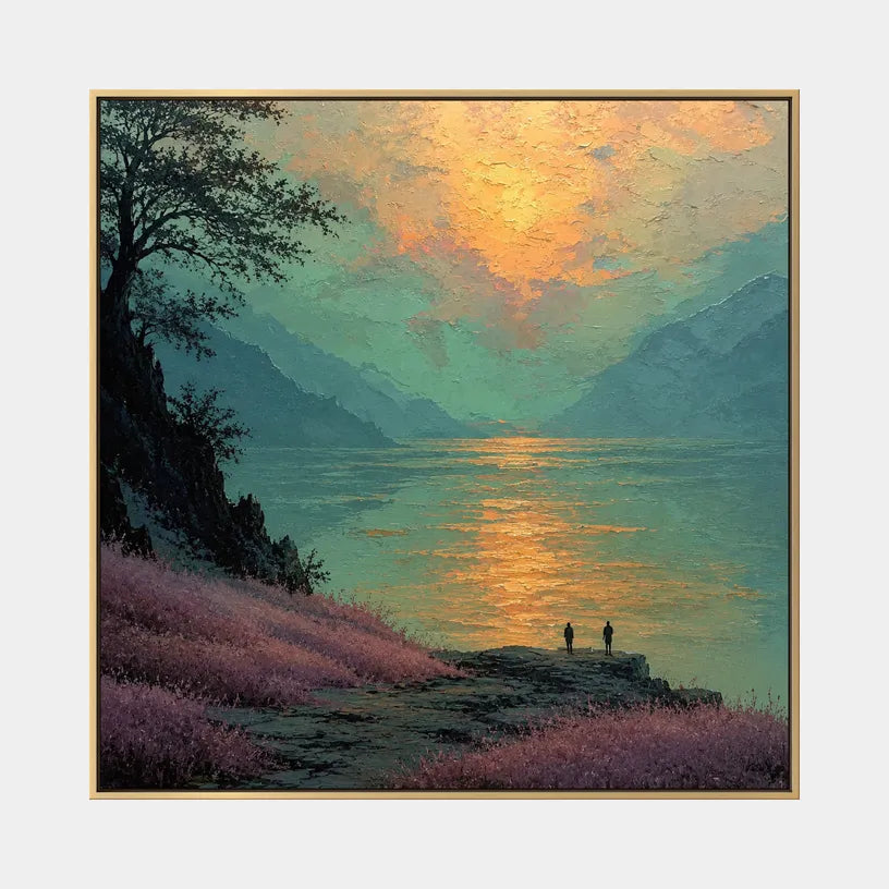 Expressionist landscapes & seascapes & cityscapes oil painting showing a painterly landscape with distant hills, trees or reflective water in a green palette.
