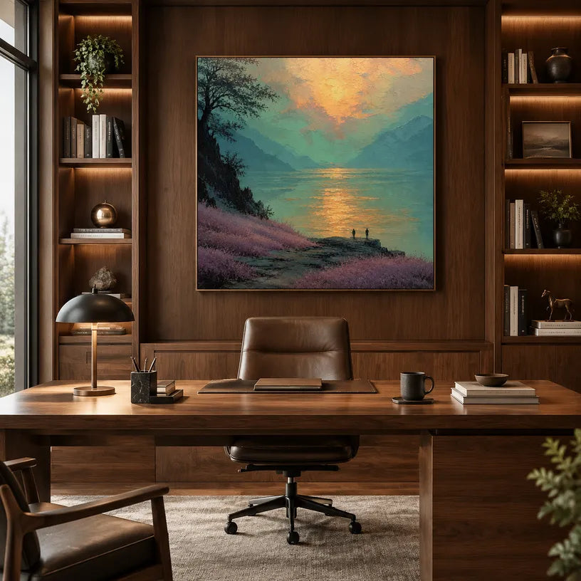 Expressionist landscapes & seascapes & cityscapes oil painting showing a painterly landscape with distant hills, trees or reflective water in a green palette.
