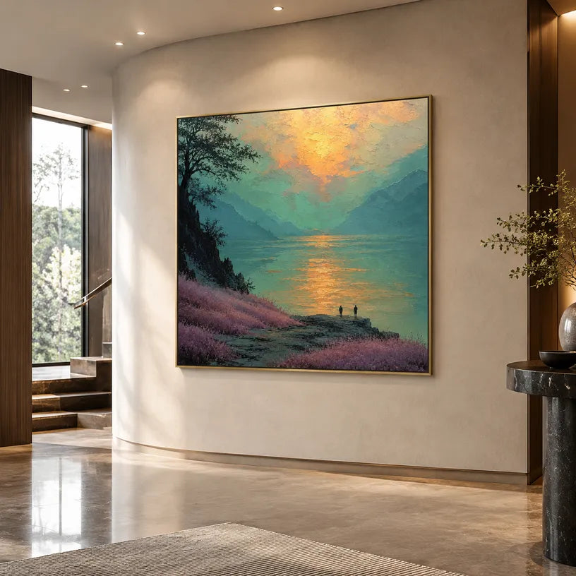 Expressionist landscapes & seascapes & cityscapes oil painting showing a painterly landscape with distant hills, trees or reflective water in a green palette.