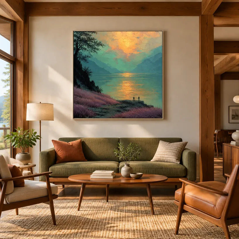 Expressionist landscapes & seascapes & cityscapes oil painting showing a painterly landscape with distant hills, trees or reflective water in a green palette.