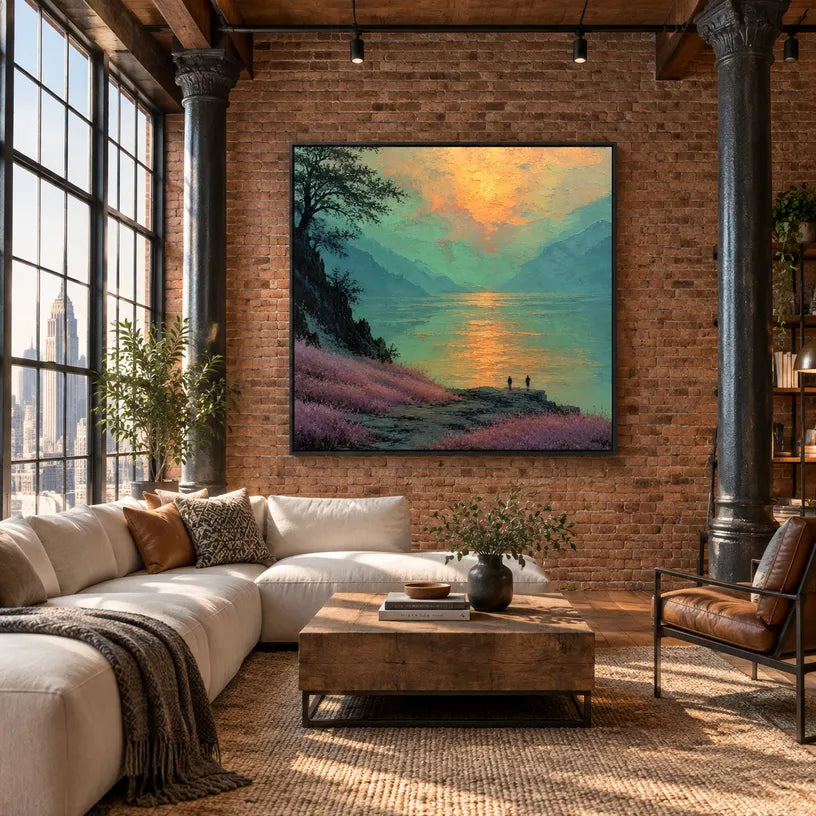 Expressionist landscapes & seascapes & cityscapes oil painting showing a painterly landscape with distant hills, trees or reflective water in a green palette.