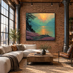 Expressionist landscapes & seascapes & cityscapes oil painting showing a painterly landscape with distant hills, trees or reflective water in a green palette.