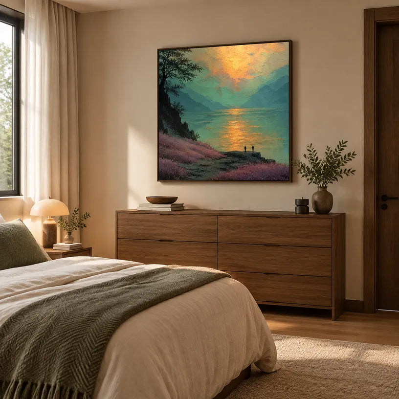 Expressionist landscapes & seascapes & cityscapes oil painting showing a painterly landscape with distant hills, trees or reflective water in a green palette.