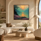 Expressionist landscapes & seascapes & cityscapes oil painting showing a painterly landscape with distant hills, trees or reflective water in a green palette.