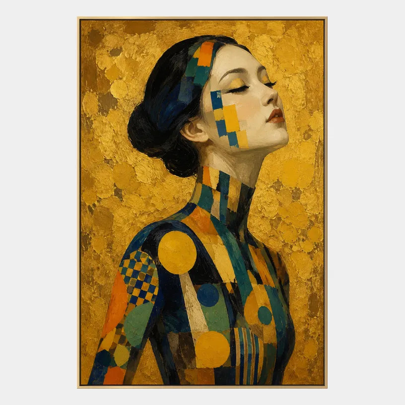 Expressionist portraiture & figure oil painting showing a stylized figure or portrait with expressive painterly shapes in a yellow palette.