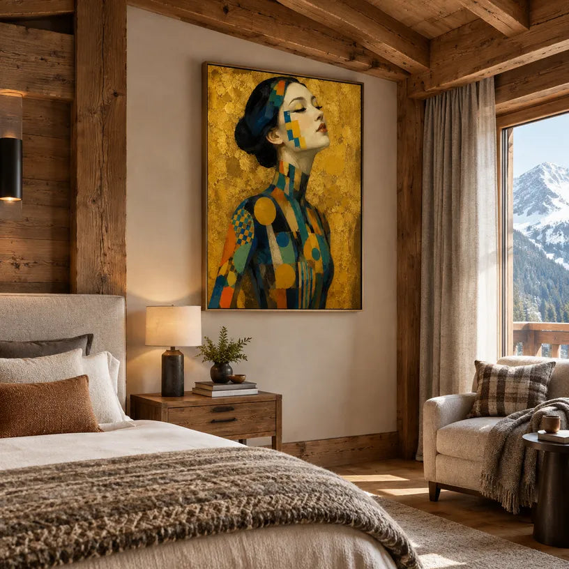 Expressionist portraiture & figure oil painting showing a stylized figure or portrait with expressive painterly shapes in a yellow palette.