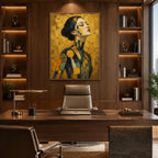 Expressionist portraiture & figure oil painting showing a stylized figure or portrait with expressive painterly shapes in a yellow palette.