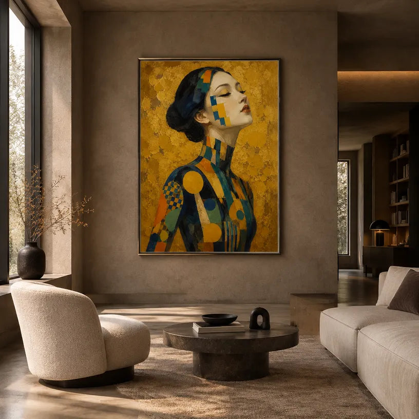Expressionist portraiture & figure oil painting showing a stylized figure or portrait with expressive painterly shapes in a yellow palette.