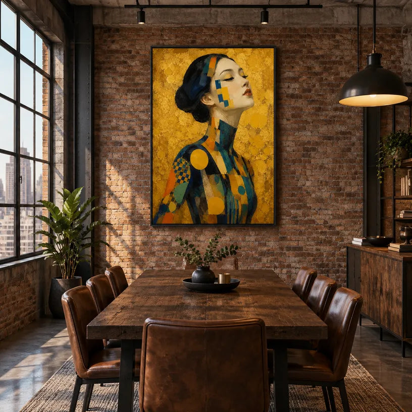Expressionist portraiture & figure oil painting showing a stylized figure or portrait with expressive painterly shapes in a yellow palette.