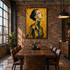 Expressionist portraiture & figure oil painting showing a stylized figure or portrait with expressive painterly shapes in a yellow palette.