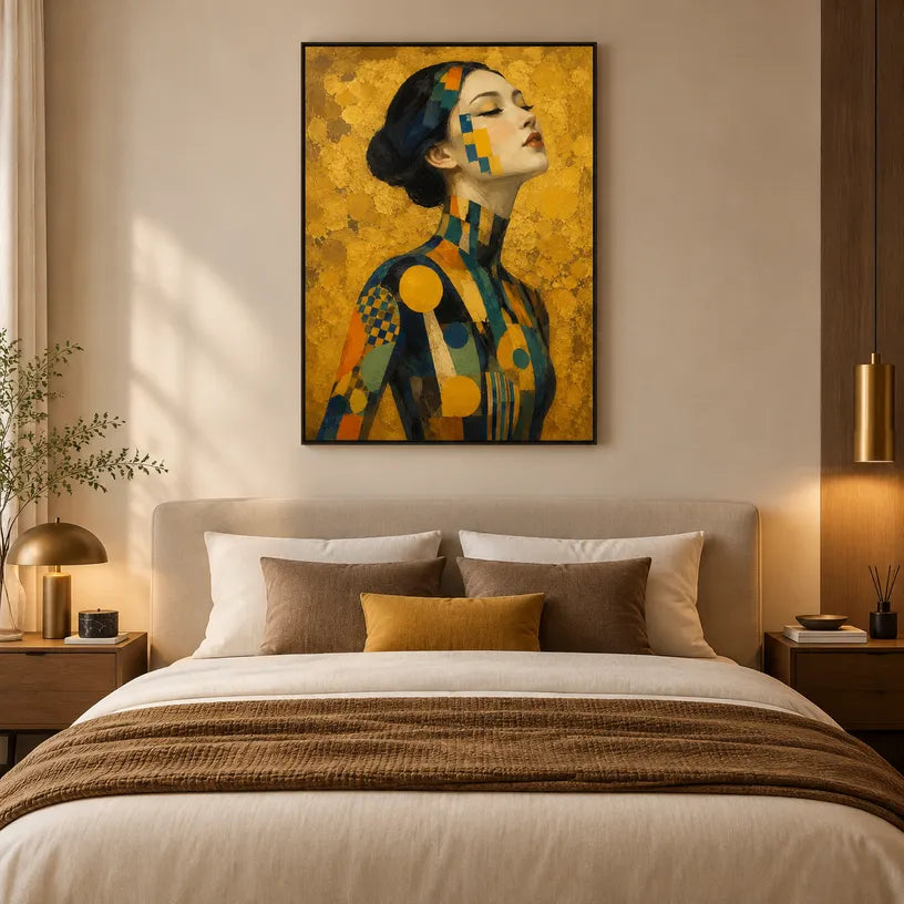 Expressionist portraiture & figure oil painting showing a stylized figure or portrait with expressive painterly shapes in a yellow palette.