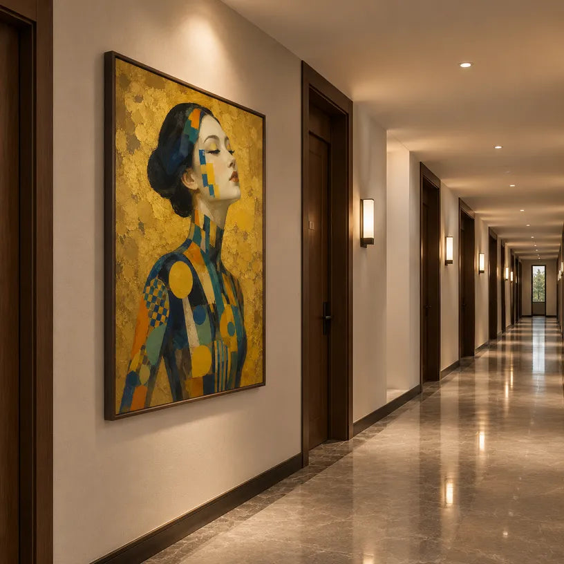Expressionist portraiture & figure oil painting showing a stylized figure or portrait with expressive painterly shapes in a yellow palette.