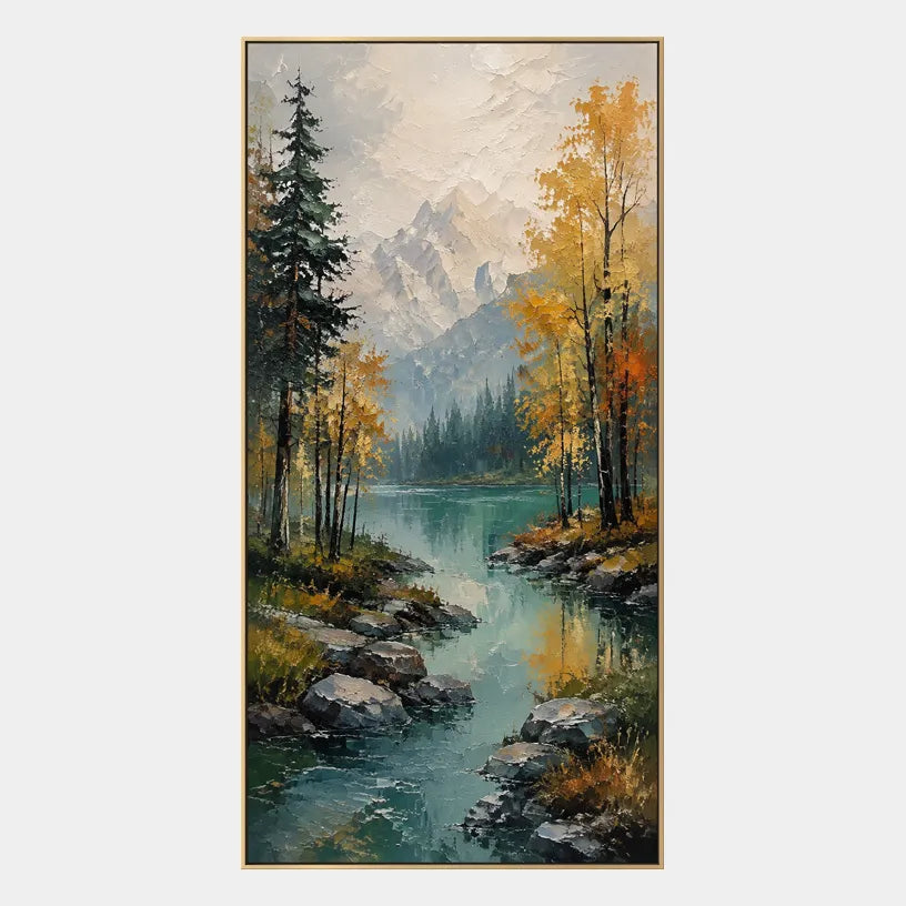 Expressionist landscapes & seascapes & cityscapes oil painting showing a painterly landscape with distant hills, trees or reflective water.