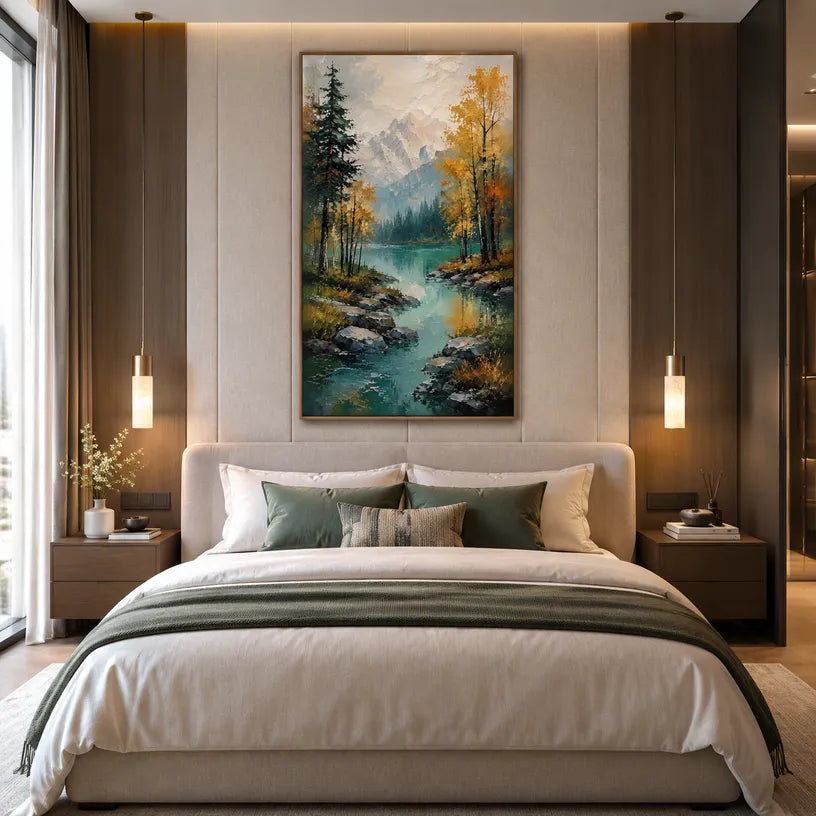 Expressionist landscapes & seascapes & cityscapes oil painting showing a painterly landscape with distant hills, trees or reflective water.