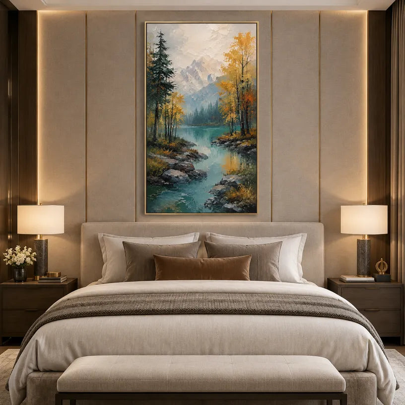 Expressionist landscapes & seascapes & cityscapes oil painting showing a painterly landscape with distant hills, trees or reflective water.