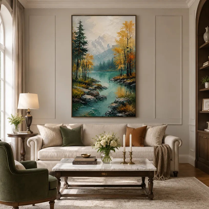 Expressionist landscapes & seascapes & cityscapes oil painting showing a painterly landscape with distant hills, trees or reflective water.