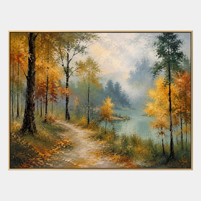 Expressionist landscapes & seascapes & cityscapes oil painting showing a painterly landscape with distant hills, trees or reflective water in a yellow palette.