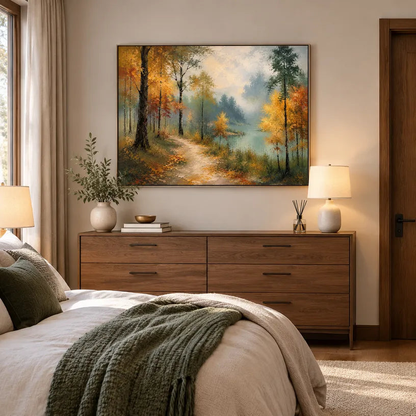 Expressionist landscapes & seascapes & cityscapes oil painting showing a painterly landscape with distant hills, trees or reflective water in a yellow palette.
