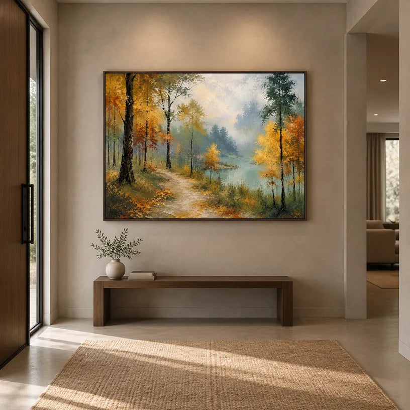 Expressionist landscapes & seascapes & cityscapes oil painting showing a painterly landscape with distant hills, trees or reflective water in a yellow palette.