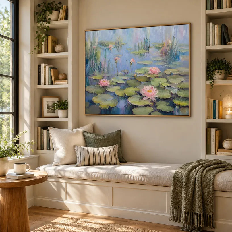 Expressionist floral/botanicals & nature oil painting showing botanical forms, flowers or trees arranged in a calm painterly composition in a blue palette.