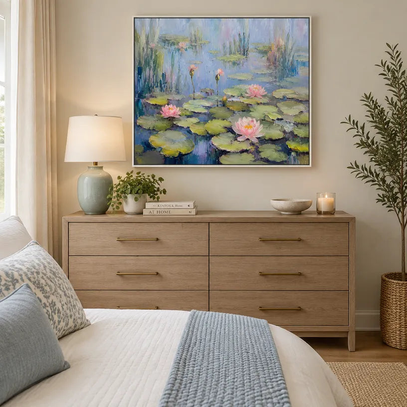 Expressionist floral/botanicals & nature oil painting showing botanical forms, flowers or trees arranged in a calm painterly composition in a blue palette.