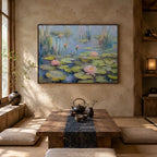 Expressionist floral/botanicals & nature oil painting showing botanical forms, flowers or trees arranged in a calm painterly composition in a blue palette.