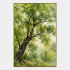 Expressionist floral/botanicals & nature oil painting showing botanical forms, flowers or trees arranged in a calm painterly composition in a yellow palette.