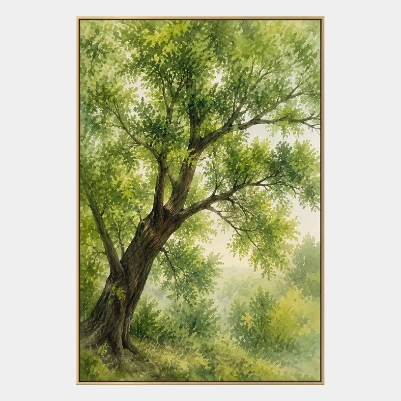 Expressionist floral/botanicals & nature oil painting showing botanical forms, flowers or trees arranged in a calm painterly composition in a yellow palette.