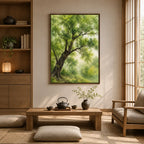 Expressionist floral/botanicals & nature oil painting showing botanical forms, flowers or trees arranged in a calm painterly composition in a yellow palette.