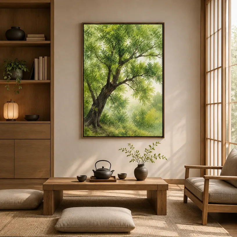Expressionist floral/botanicals & nature oil painting showing botanical forms, flowers or trees arranged in a calm painterly composition in a yellow palette.