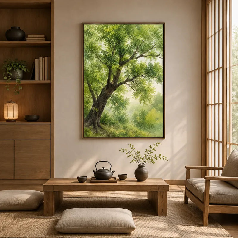 Pittura a olio espressionista floreale/botanica e naturalistica con forme botaniche, fiori o elementi naturali in una composizione pittorica in una tavolozza verde.
