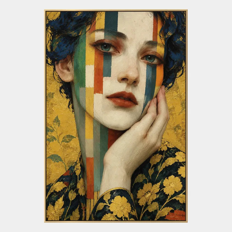 Expressionist portraiture & figure oil painting showing a stylized figure or portrait with expressive painterly shapes in a yellow palette.