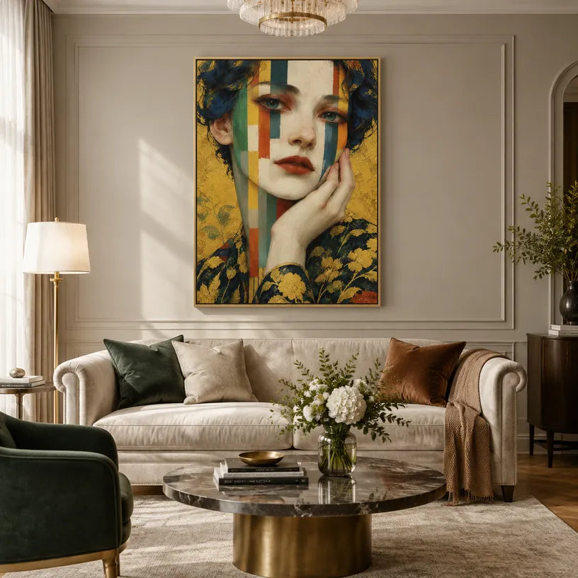 Expressionist portraiture & figure oil painting showing a stylized figure or portrait with expressive painterly shapes in a yellow palette.