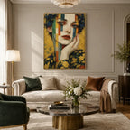 Expressionist portraiture & figure oil painting showing a stylized figure or portrait with expressive painterly shapes in a yellow palette.