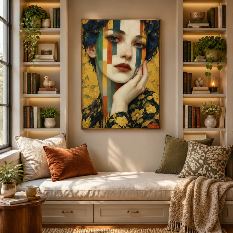 Expressionist portraiture & figure oil painting showing a stylized figure or portrait with expressive painterly shapes in a yellow palette.
