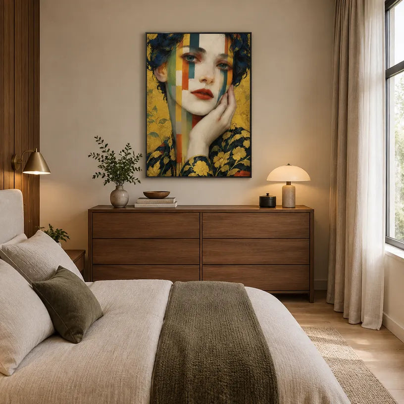 Expressionist portraiture & figure oil painting showing a stylized figure or portrait with expressive painterly shapes in a yellow palette.