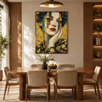 Expressionist portraiture & figure oil painting showing a stylized figure or portrait with expressive painterly shapes in a yellow palette.