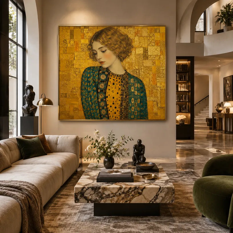Expressionist portraiture & figure oil painting showing a stylized figure or portrait with expressive painterly shapes in a yellow palette.