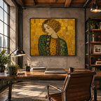 Expressionist portraiture & figure oil painting showing a stylized figure or portrait with expressive painterly shapes in a yellow palette.