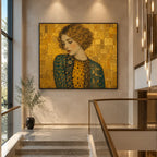 Expressionist portraiture & figure oil painting showing a stylized figure or portrait with expressive painterly shapes in a yellow palette.