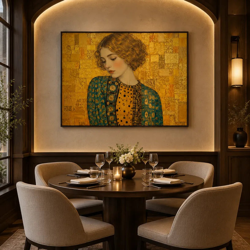 Expressionist portraiture & figure oil painting showing a stylized figure or portrait with expressive painterly shapes in a yellow palette.