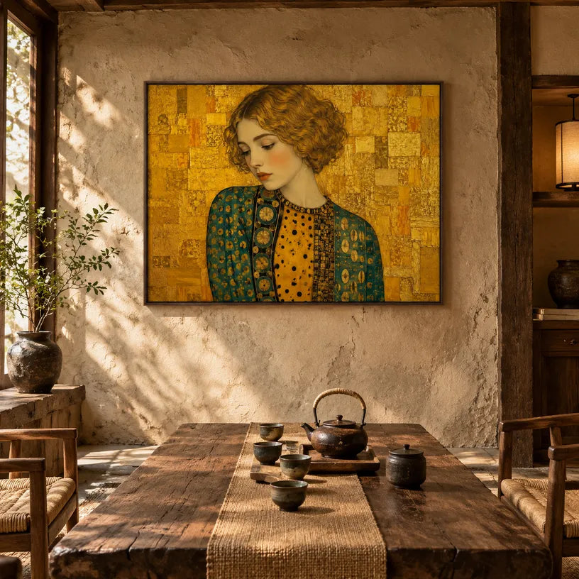 Expressionist portraiture & figure oil painting showing a stylized figure or portrait with expressive painterly shapes in a yellow palette.