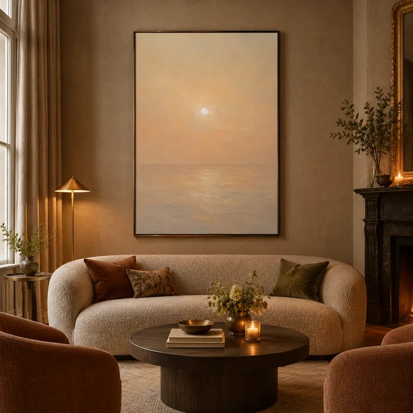 Expressionist landscapes & seascapes & cityscapes oil painting showing a painterly landscape with distant hills, trees or reflective water in a orange palette.