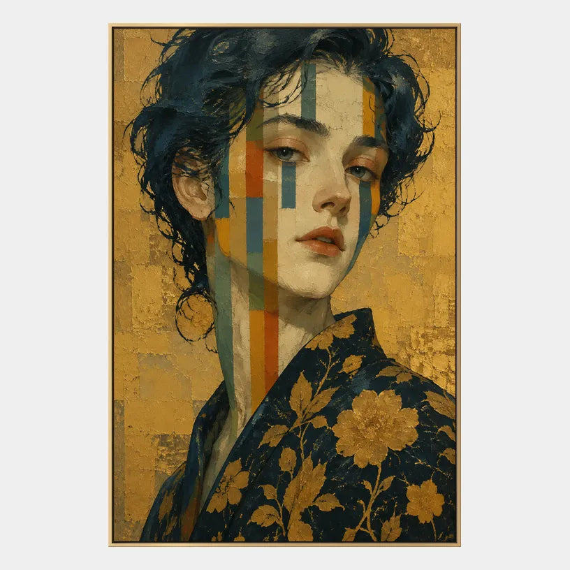 Expressionist portraiture & figure oil painting showing a stylized figure or portrait with expressive painterly shapes in a yellow palette.