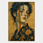 Expressionist portraiture & figure oil painting showing a stylized figure or portrait with expressive painterly shapes in a yellow palette.