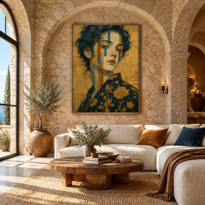 Expressionist portraiture & figure oil painting showing a stylized figure or portrait with expressive painterly shapes in a yellow palette.