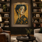 Expressionist portraiture & figure oil painting showing a stylized figure or portrait with expressive painterly shapes in a yellow palette.