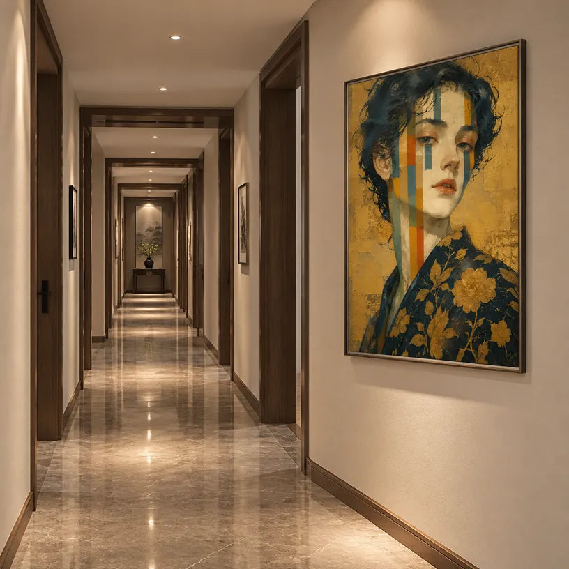 Expressionist portraiture & figure oil painting showing a stylized figure or portrait with expressive painterly shapes in a yellow palette.