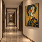 Expressionist portraiture & figure oil painting showing a stylized figure or portrait with expressive painterly shapes in a yellow palette.